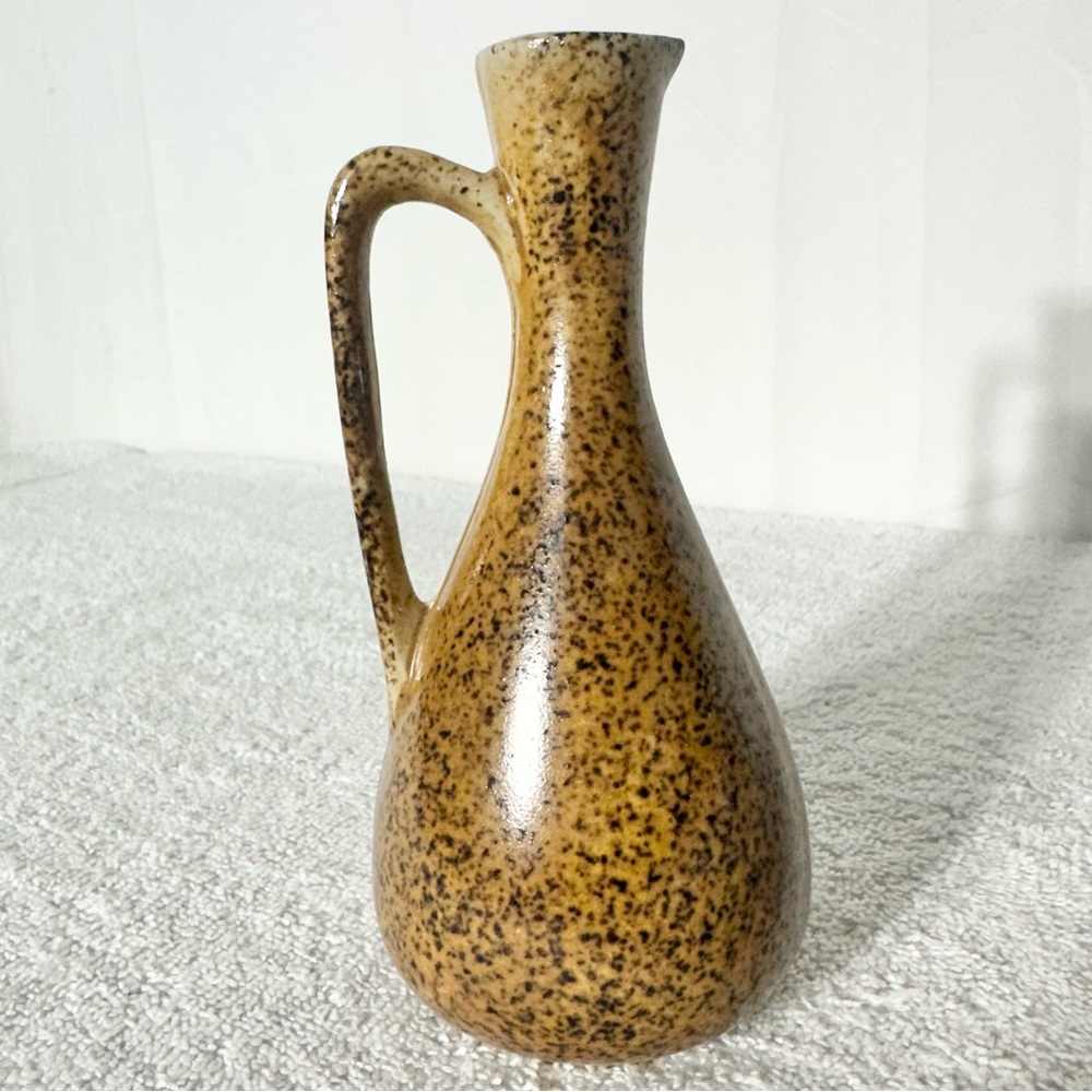 Vintage Brown Speckled Ceramic Stoneware Bud Vase W Handle Mini Jug